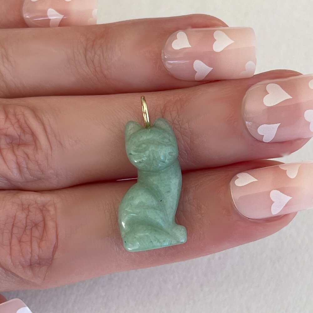 Solid 14K Yellow Gold Aventurine Cat Charm Natural Gemstone Good Luck Pendant